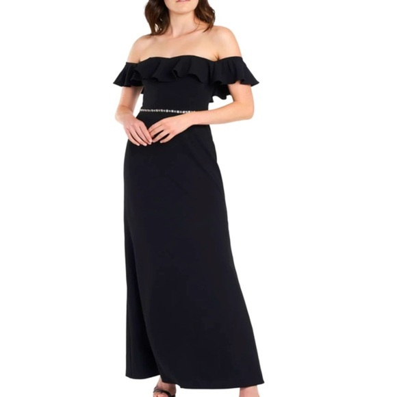Women’s Formal Dress Size 10 MSK Black Ruffled Off Shoulder Beaded Waistline - Picture 2 of 8